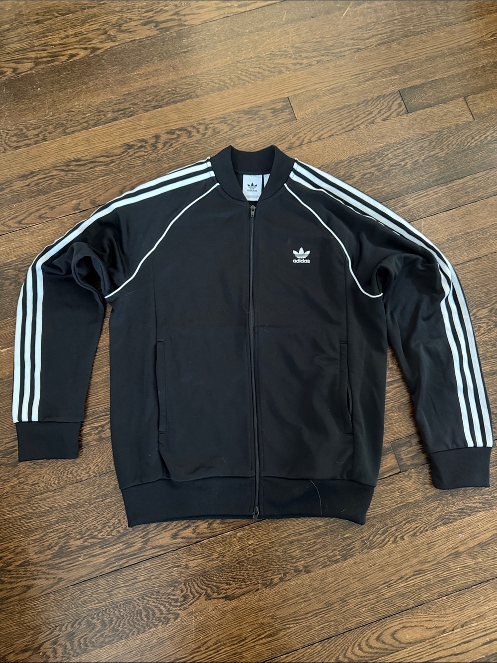 adidas Black Zip-Up Track Jacket with White Stripes